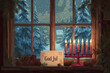 © GenоМ. - A minimalist Scandinavian Christmas card, flat design. A red menorah with seven lit candles stands on the windowsill. Outside is a simple stylized fir tree and star.Merry Christmas in Swedish God Jul
