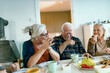 © Davor - Senior friends laughing while eating together at home