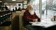 © IMESH - Solitary contemplation in diner: An elderly man with a long beard sits alone at a diner table, engrossed in a cup of coffee and his thoughts.