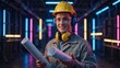 © Vasiliy - Smiling engineer in a hard hat holding blueprints in a modern factory. Professional construction worker with safety gear in a futuristic industrial setting