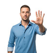 © sujon1638 - Man in a blue collared shirt extending his open palm forward displaying five fingers isolated on transparent background