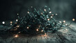 © Pere Chuliá - Tangled pile of glowing Christmas lights on rustic wood surface representing holiday stress and chaos.