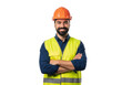 © shahida  - A smiling construction worker wearing a hard hat and hi visibility vest with arms crossed isolated on transparent background
