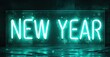 © antishock - Bright neon sign displays New Year. Dark background enhances glowing text, snowflakes add festive touch. Minimalist design.