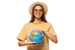 © Damir Khabirov - Worldwide tourism concept. Young female tourist holding globe with both hands