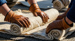 © catocala - Hands roll wet wool on a mat in Mongolia during the traditional craft of felt making