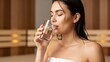 © photoplotnikov - Young caucasian female enjoying refreshing drink in sauna
