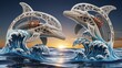 © Luiri Art - Two biomechanical dolphins with lightweight, lace-like white exoskeletons, exposed metal parts leap from stylized waves in glossy ocean at sunset, blending organic beauty with futuristic engineerin