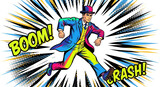 Comic book style man running with explosion and sound effects boom and crash