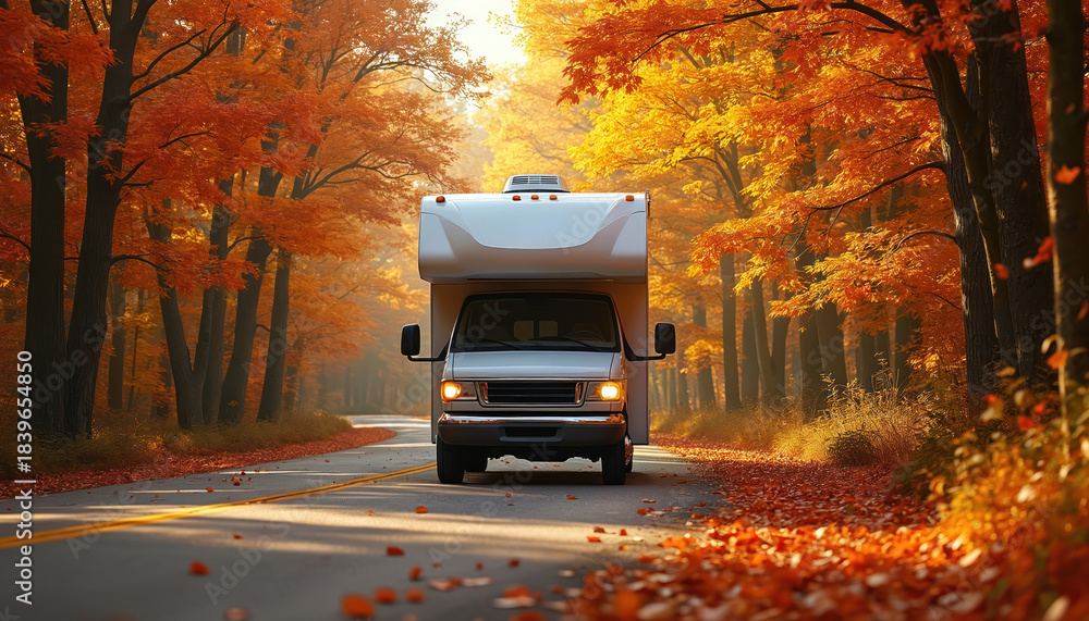 RV drives along forest road with vibrant autumn foliage. Road trip ...
