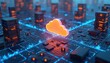 © Viktor - Cloud computing service concept shown. It features cloud icon surrounded by server infrastructure. Data flows thru glowing blue network. Suitable for cloud solutions, AI, data analytics, and IT.