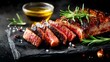 © Jojo* - Perfectly cooked grilled steak sliced medium rare and garnished with fresh herbs on dark slate