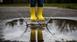 © Sergiy - A child's bright yellow rain boots create a joyful splash while jumping playfully in a large reflective puddle on a wet asphalt surface.