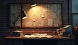 © Viktor - Detective desk with cork board showing map and documents. Papers stacked on table with desk lamp illuminating clue board. Researching mystery case files.