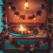 © Margarita Ratatosk - Sparklers on a vintage turntable with Christmas tinsel and light bulb. Fire safety accident concept for Christmas and New Year.
