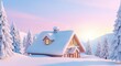 © Hungarian - Cozy dwelling nestled in a bright snowy landscape during sunrise or sunset
