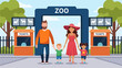 © Skyframe - A cheerful family of four walks hand-in-hand toward a large blue zoo entrance, flanked by orange ticket booths displaying animal silhouettes, ready to enjoy a sunny day of adventure together