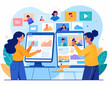 © Deva - Two women managing digital content and social media on large computer screens, surrounded by various online profiles and media elements, illustrating content creation and online collaboration.