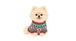 © Panna - Cute Pomeranian dog wearing a festive Christmas sweater with snowflake patterns, smiling happily against a white background.
