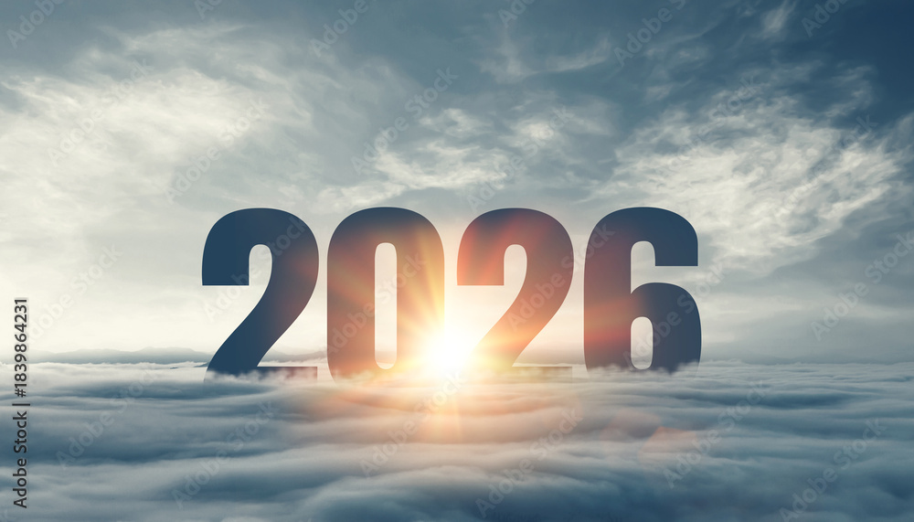 Silhouette of number 2026 on blue cloud, shiny design to celebrate happy new year. Mountain top and the beginning of the new year 2026. Black silhouette of year 2026, in the morning during sunrise