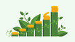 © Qesso - Financial growth and investment success illustrated by a rising plant-shaped bar chart adorned with coins and leaves
