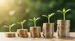 © Artfinity - Ascending stacks of gold coins with small green plants growing out of the top in bright sunlight. Concept of financial growth, investment, and profitable long-term savings.