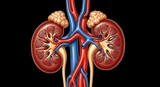 Anatomical illustration displays human kidneys with associated vasculature and a renal tumor