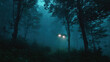© Dmitry - Unidentified flying object with bright lights hovering in a thick forest at night with dense, low fog. Extraterrestrial encounter and horror concept.