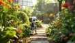 © FACTORY GRAPHICA  - A photorealistic robot dog explores a vibrant garden path, blending technology and nature seamlessly. Amidst the flowers, it embodies a futuristic harmony, capturing a sense of curiosity.