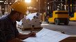 © A2Z AI  - A construction worker in a hard hat reviews blueprints in a warehouse setting. Forklifts and building materials are visible in the background. Focusing on precision and project planning.