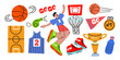 © luamor - Basketball stickers in cartoon retro style. Sports equipment, ball, water bottle, basketball court, sneakers, basketball player, trophy, jersey. Sports groovy elements. Healthy lifestyle concept