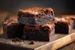 © Mykola - Close-up of three square chocolate brownies with fudgy texture on rustic wood