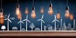 © K.V - Row of wind turbines and solar panels is illustrated against backdrop of hanging light bulbs, symbolizing renewable energy and sustainability. scene conveys innovation and eco friendly technology