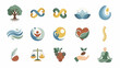 © Candy - Flat lay of various eco-friendly and wellness icons on a clean white background with a calming and natural mood.