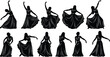 © Asia - Dancing woman silhouette set, graceful poses, flowing dress motion, black vector art, elegant dancer, expressive movement, isolated design