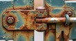 © NAIMAH - Close-up view of an aged, weathered gate latch. Patinaed metal shows extensive rust and faded green paint. Details of bolts, hinges, and the sliding bolt are visible, showcasing age and decay