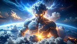 Muscular figure with glowing eyes, amidst clouds and lightning, towering over a world visible below