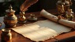 © Spirit - Elegant vintage writing desk setup featuring ornate golden inkwells antique brass containers, a feather quill, glass rolled parchment and an aged handwritten letter on warm parchment paper.