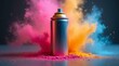 © Spirit - Close-up of a metallic spray paint can standing upright on a smooth surface surrounded by a dynamic explosion of colorful powder clouds.