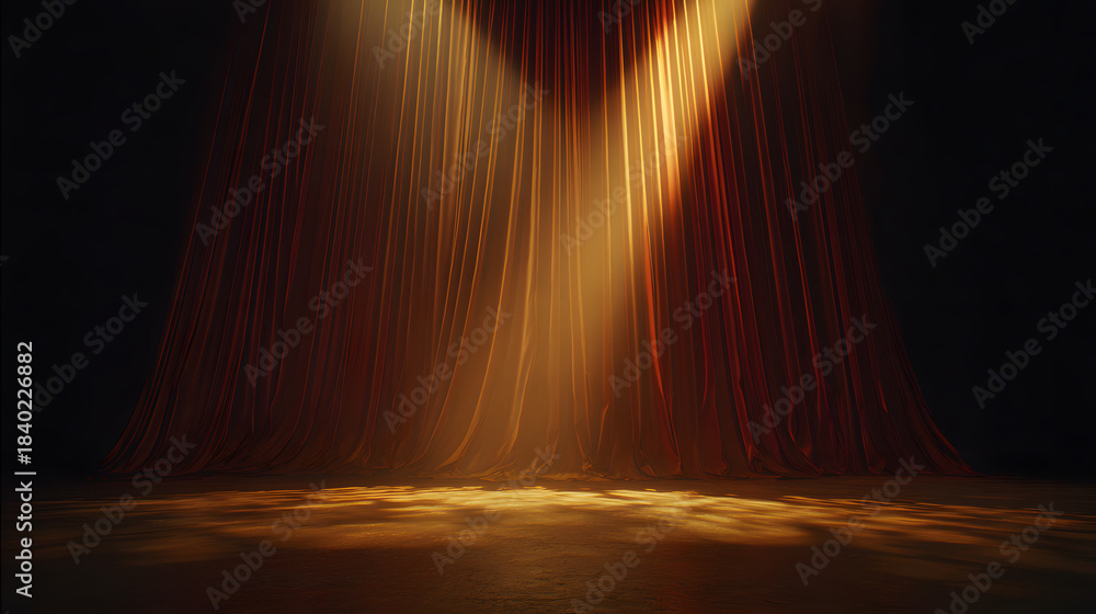 Curtain Rises mortification. Theater curtain rises on an empty stage under a single ...