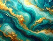 © Karena - Swirling abstract art. Turquoise and gold flow in liquid marbling. Fluid, ethereal design with intricate golden details