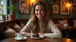 © Leonardo - Mujer feliz disfrutando de un delicioso postre en una acogedora mesa de café