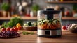 © Pinkwhite - Electric food chopper filled with diced vegetables on a wooden counter. Show fresh ingredient prep or demonstrate healthy eating habits.
