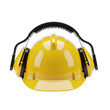 © Kaosar Khan - Yellow Hard Hat with Ear Defenders on Black Background helmet safety