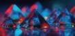 © Azis - Glowing pyramids reflecting colored light. Prism-like objects are arranged with bokeh effect