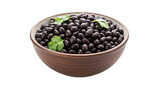 Close-up shot of a ceramic bowl filled with cooked black beans and cilantro isolated on a transparent background