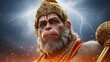 © ENDRA - Majestic depiction of lord hanuman, the hindu deity, adorned with intricate golden crown and jewelry, set against a dramatic stormy sky with lightning and fiery elements