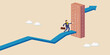 © Bipul - Man climbing a brick wall on rising graph representing progress