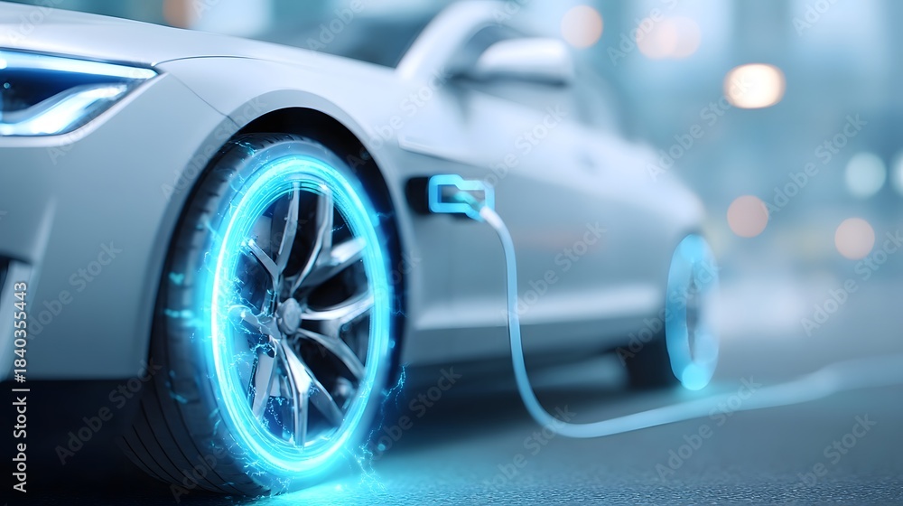 Close up of a sleek silver electric vehicle undergoing a rapid charge featuring vibrant blue energy effects on its wheel and a visible charging port connection in a blurred city environment