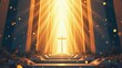 © Mystery - Golden cross at the end of illuminated stone pathway with dramatic heavenly light rays breaking through tall pillars, concept of easter resurrection, christian faith, spiritual journey